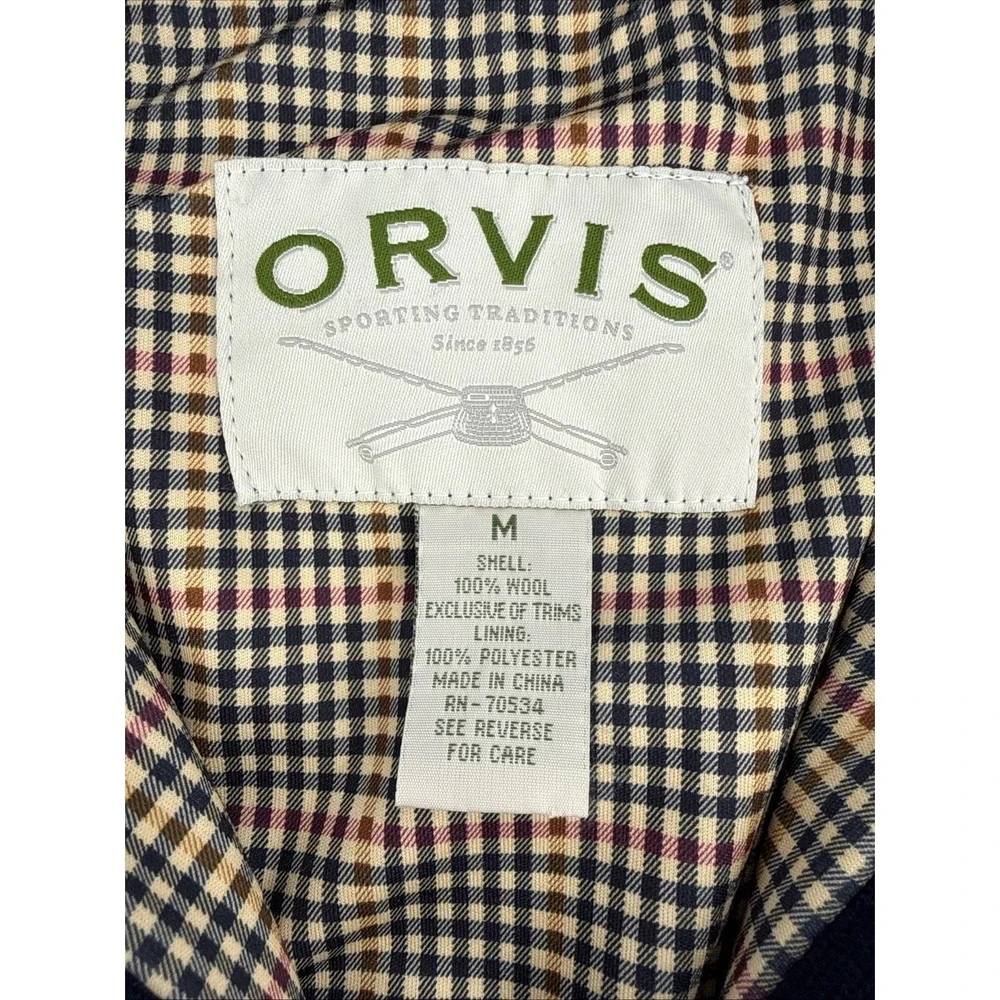 Orvis Men's Wool Sweater Jacket M Full Zip Plaid Lined Navy Shooting Patches